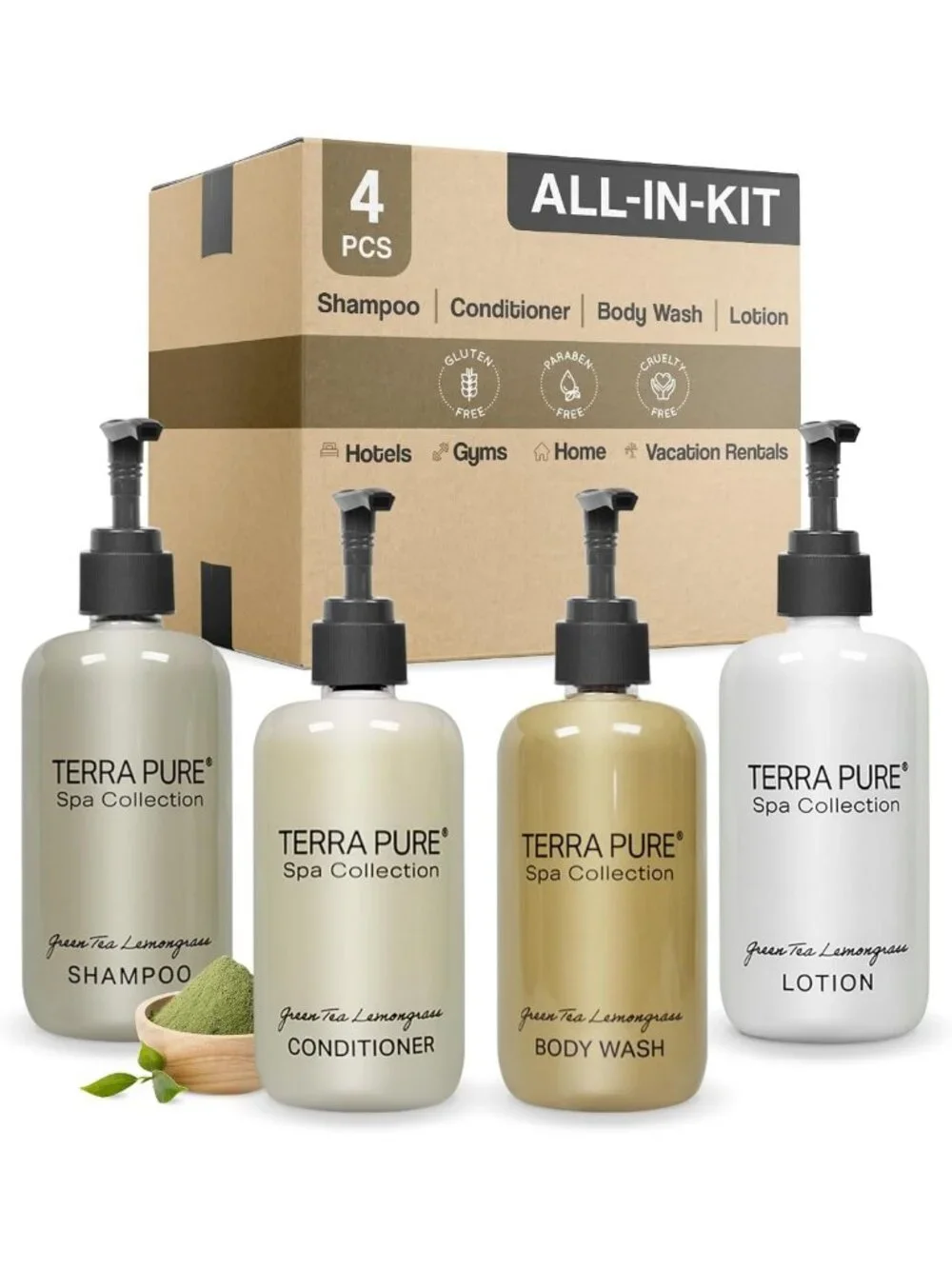 4-Piece Spa Set: Shampoo, Conditioner, Hand & Body Wash, Moisturizing Lotion